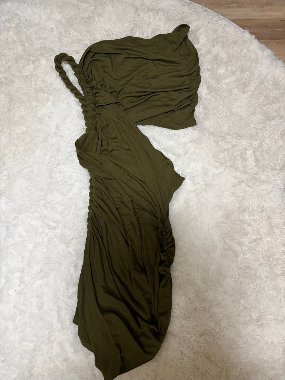 One-Shoulder Olive Green Ruched Maxi Dress